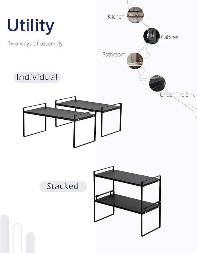 Nxconsu 2Pack Cabinet Shelves Stackable Shelf Organizer Rack Riser for Kitchen Cabinet Pantry Cupboard Counter Countertop Home Organization Storage Space Saver Heavy Duty Metal Nonslip Black