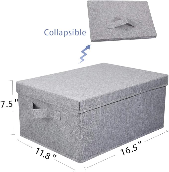 HOONEX Linen Foldable Storage Bins with Lids, 2 Pack, Storage Boxes with Carrying Handles and Sturdy Heavy Cardboard, 16.5