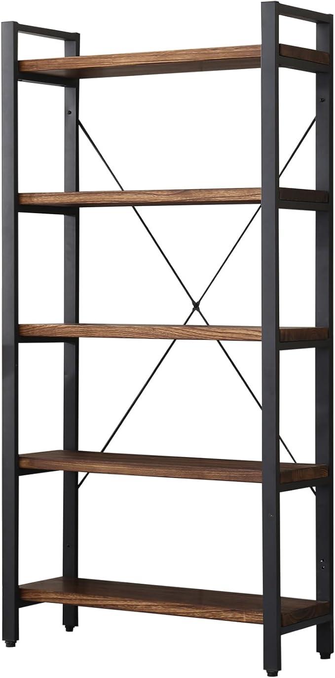 5 Tier Bookcase, Solid Wood Bookshelf Rustic Vintage Industrial Etagere Bookcase, Metal and Wood Free Vintage Bookshelf, Retro Brown (Real Wood) (5-Tiers)
