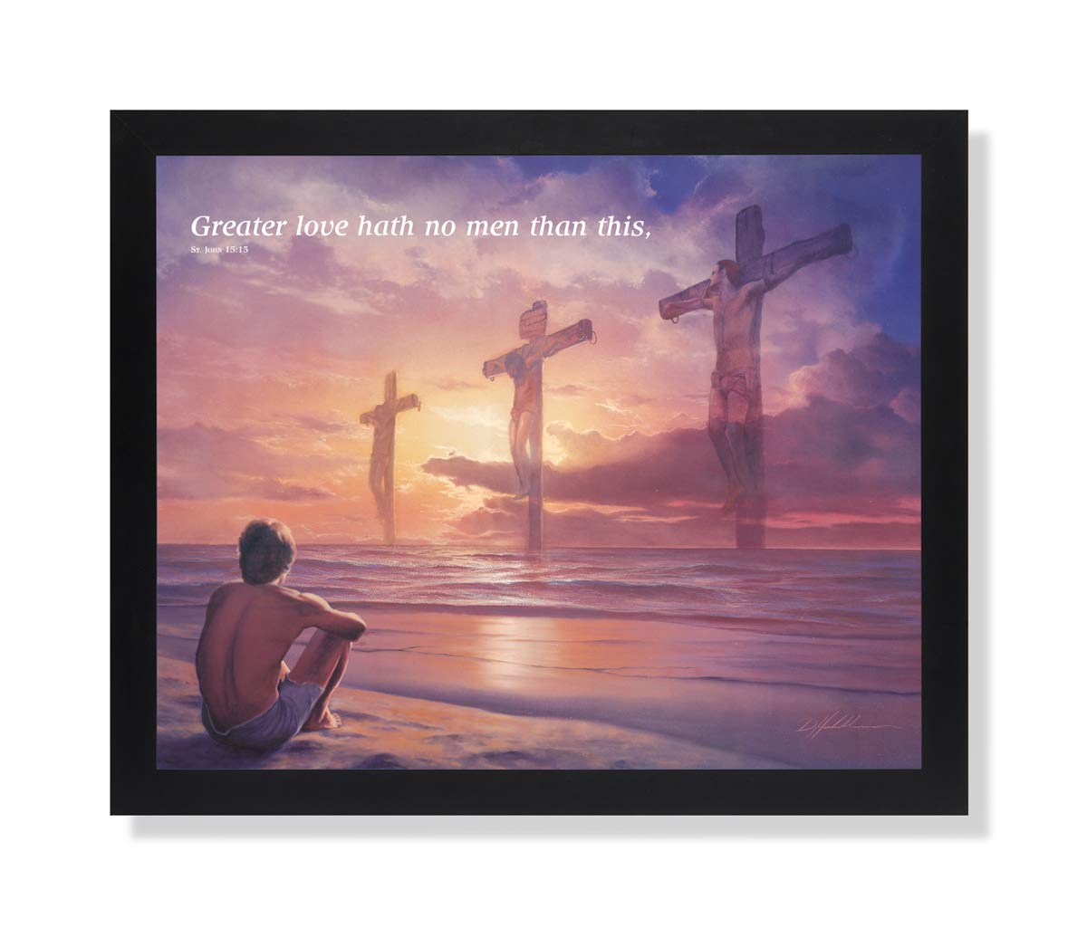 Jesus Cross Art Print – Black Framed Christian Wall Decor John 15:13 Quote