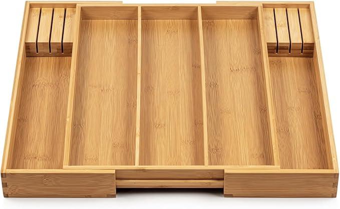 Purawood Kitchen Drawer Organizer with Knife Blocks - Utensil Drawer Organizer for Kitchen, Cutlery Tray & Silverware Organizer, 3-5 Slots - Bamboo Organizer for Utensils & Flatware (Natural)
