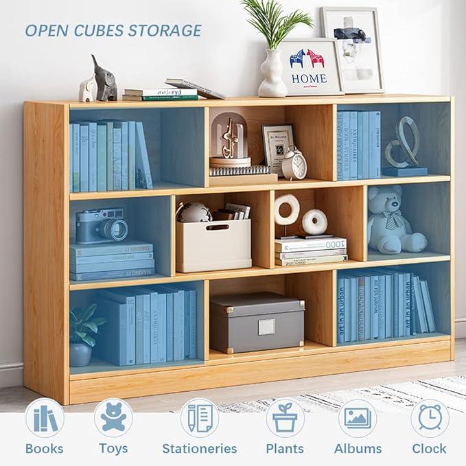 IOTXY Open Shelf Low Bookcase - Wooden 3-Tier Floor Standing Display Cabinet Organizer with Base, 5 Cubes Short Horizontal Bookshelf in Bright Blue