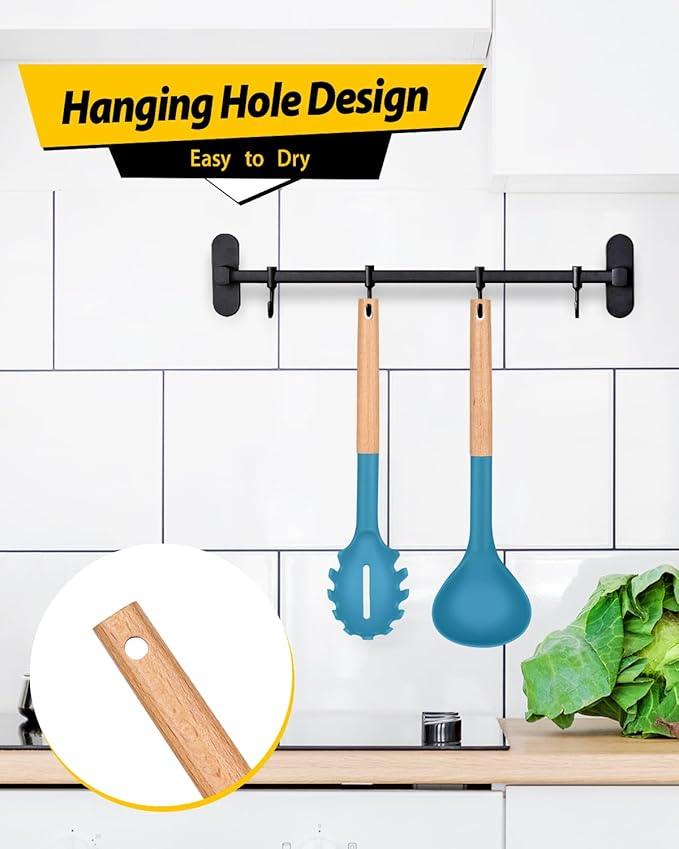 Silicone Pasta Fork and Ladle Spoon Set with Wooden Handle, Heat Resistant Non Stick Kitchen Utensils for Cooking, Stirring, Serving Spaghetti, Soup, Sauce(BLUE)