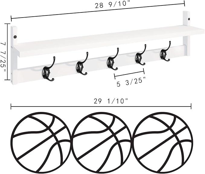 BAMEOS Wall-Mounted Wood Shelf with 5 Dual Hooks for Bathroom, Living Room, Bedroom (White-with Shelf)
