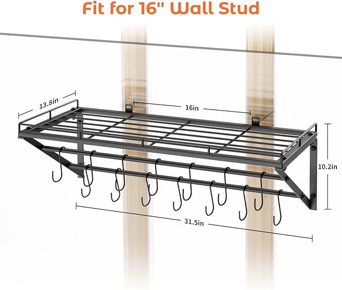 OROPY 31 Inch Wall Mounted Pot Rack Storage Shelf with 2 Tier Hanging Rails 14 S Hooks included, Ideal for Pans, Utensils, Cookware - Black