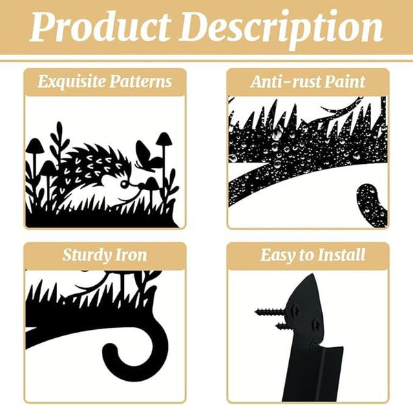 peacoblue Iron Plant Hangers Hooks for Outdoor Indoor Hanging Plants Flower Fern Pots Lantern Bird Feeder Wind Chimes, 12”x14” Weather Resistant Metal Wall Holder for Porch Garden Farmhouse(Hedgehog)