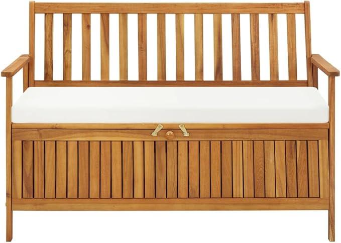 vidaXL Solid Acacia Wood Outdoor Storage Bench with Backrest, Armrests, and Cushion - 47.2