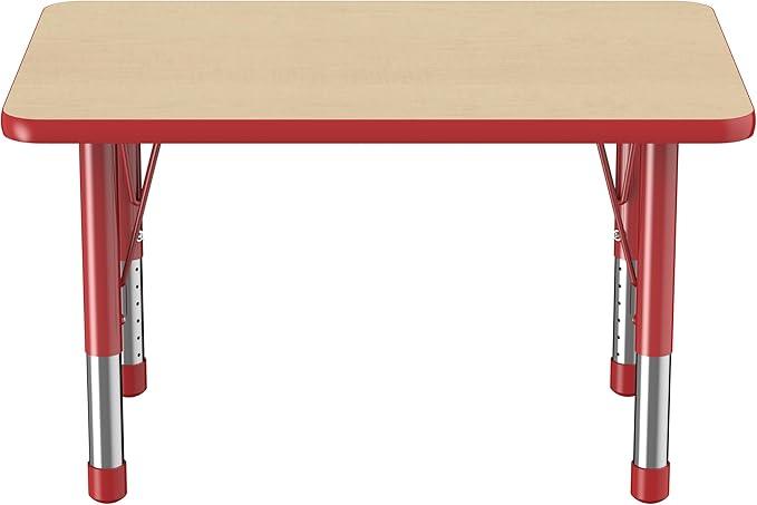 FDP Rectangle Activity School and Classroom Kids Table (24 x 36 inch), Chunky Toddler Leg, Adjustable Height 15-24 inches - Maple Top and Red Edge
