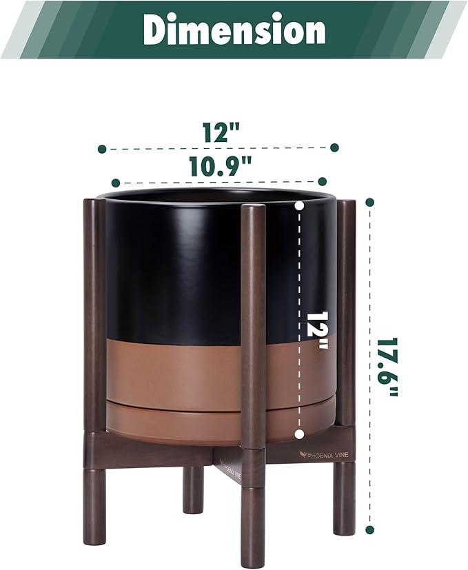 D'vine Dev Ceramic Planter with Walnut Color Stand - 12 Inch Modern Round Flower Pot with Wood Planter Holder, Black/Speckled Tan, 55-B-W-7