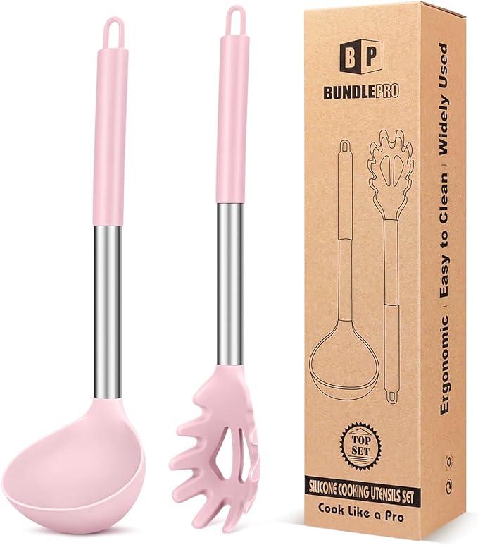 Silicone Pasta Fork and Ladle Spoon Set, Large Non Stick Kitchen Utensils for Cooking,Stirring,Serving Spaghetti, Soup, Sauce (PINK)