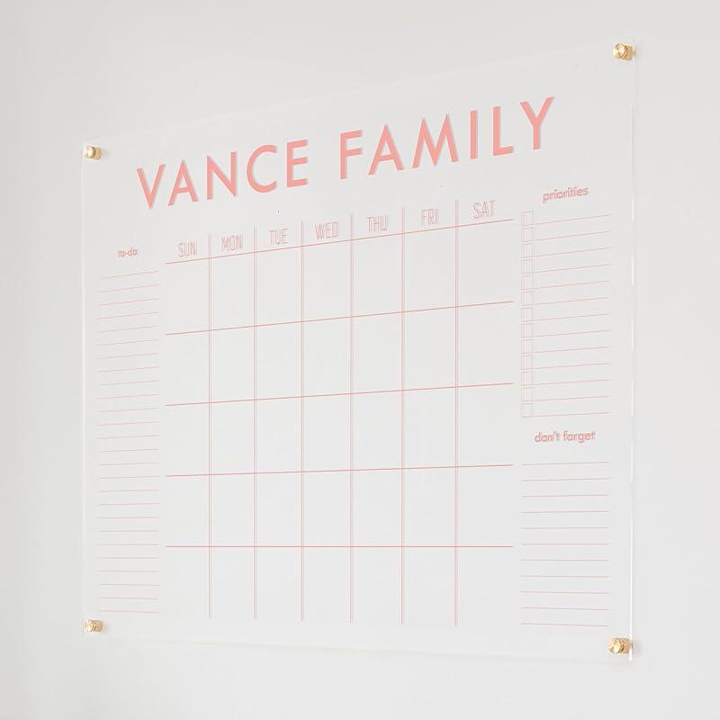 Personalized Clear Acrylic Calendar for Wall, Calendar Whiteboard for Wall, Dry Erase Wall Calendar, Wall Calendar Organizer System for Home (Block, Blush, 47.5