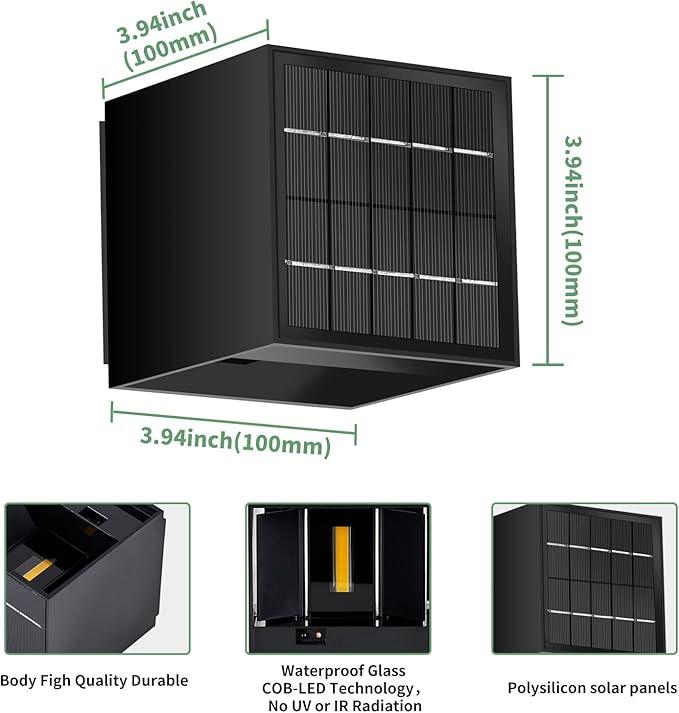 LANFU Solar Powered Motion Sensor Square Outdoor Wall Lights,Black Modern Up and Down Wall Lamps 10W,IP65 Waterproof Warm White 3000K Wall Sconce Light Exterior for Fence,Garden