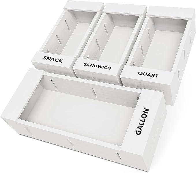 SpaceAid Bag Storage Organizer for Kitchen Drawer, Bamboo Organizer, Compatible with Gallon, Quart, Sandwich and Snack Variety Size Bag (4 Pack), White