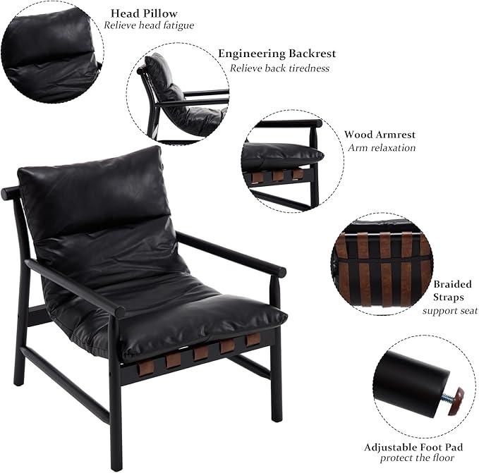 Kmax Modern Sling Accent Chairs Set of 2 Upholstered PU Leather Living Room Chairs Solid Wood Frame Arm Chairs Comfy Lounge Chairsfor Bedroom, Reading Room, Black