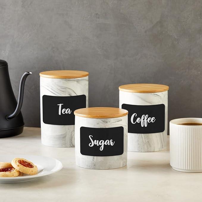 Farmlyn Creek Sugar & Coffee Container Set 3-Piece - White Marble Finish Ceramic Jar Set - Airtight Wood Lids - Ceramic Containers with Lids for Countertop Storage (5.9