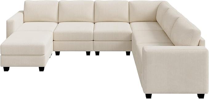 HONBAY Corduroy Sectional Sofa with Storage, U Shape Modular Sectional Sofa with Chaise, Modular Couches for Living Room, Beige