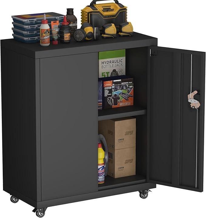 Metal Storage Cabinet with Wheels,Lockable Steel Rolling Storage Cabinet with 2 Doors for Garage,Home Office,Assembly Required,Black