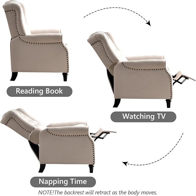 CANMOV Push Back Recliner Chair Set of 2, Elizabeth Fabric Recliner with Tufted Back Home Theater Seating w/Padded Seat and Nailhead Trim, Wooden Legs, Adjustable Single Sofa，White