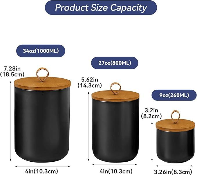 Ceramic Storage Jars, Modern Elegant Highly Polished Airtight Gorgeous Storage Canisters with Wooden Lid Small Food Stroage Jar for Kitchen Spice Tea Vanilla Sugar Coffee Beans (Black tuba)