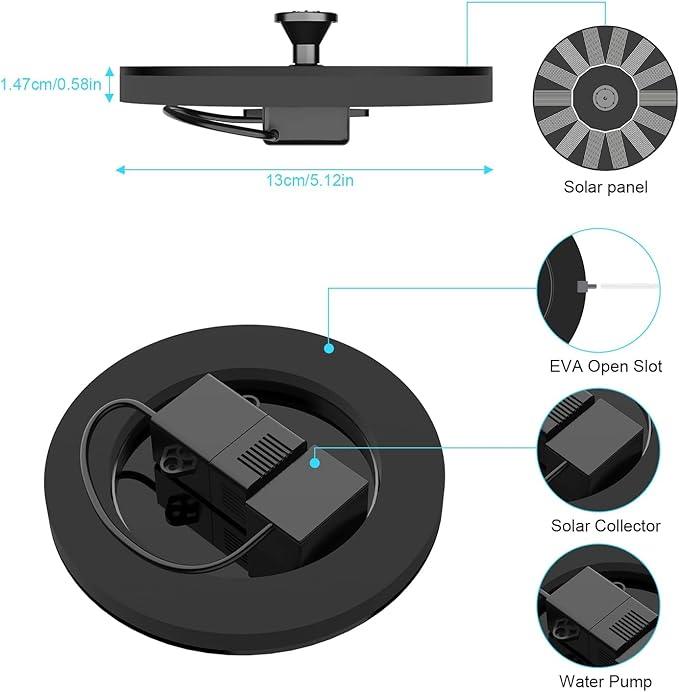 Solar Fountains,Solar Water Fountain,Solar Powered Bird Bath Fountain with 6 Nozzles - Free Standing Floating Solar Water Fountain for Bird Bath, Garden, Pond, Pool (Black-1W)