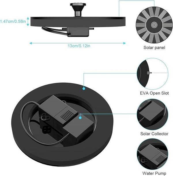 Solar Fountains,Solar Water Fountain,Solar Powered Bird Bath Fountain with 6 Nozzles - Free Standing Floating Solar Water Fountain for Bird Bath, Garden, Pond, Pool (Black-1W)