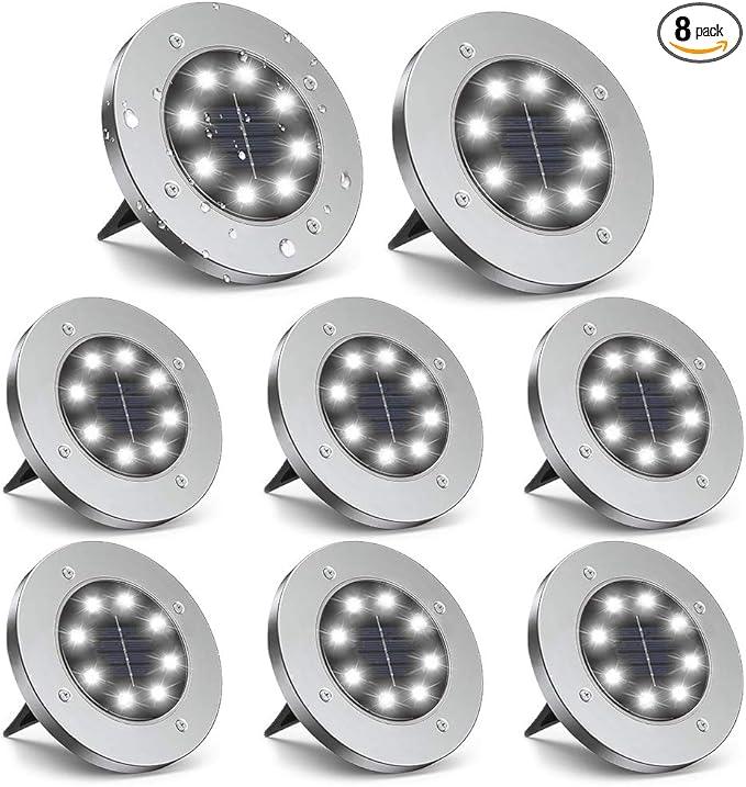ZGWJ Solar Ground Lights,8 LED Disk Lights Upgraded Outdoor Garden Lights Landscape Lights for Lawn Pathway Yard Deck Patio Walkway White, 8 Pack