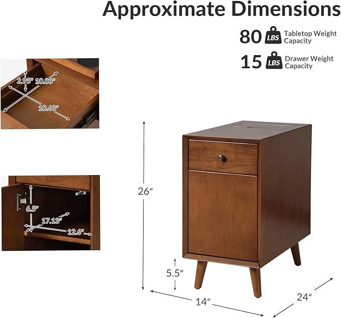 HULALA HOME End Table with Drawer and Charging Station, Modern End Table with USB Ports and Outlets, Wooden Side Table with Storage-Acorn
