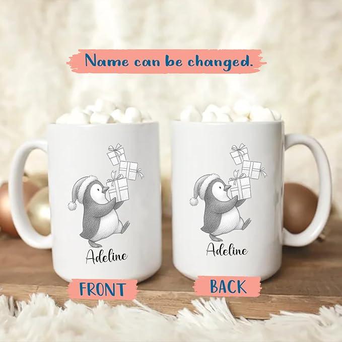 Personalized Penguin Accent Coffee Cup With Name, Cute Penguins Ceramic Mug Gift For Granddaughter Grandson Birthday, Customized Name Penguin White Coffee Mug 11 15 Oz, Novelty Penguins Lover Teacup