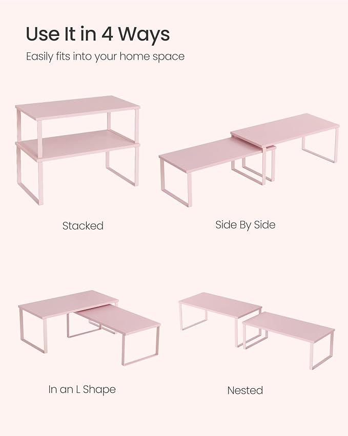 SONGMICS Cabinet Organizer Shelf, Set of 2 Kitchen Counter Shelves, Kitchen Storage, Spice Rack, Stackable, Expandable, Metal and Engineered Wood, Jelly Pink UKCS025S01
