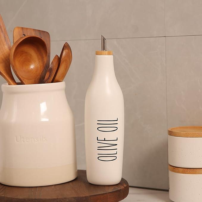 HOMCDALY Ceramic Olive Oil Dispenser for Kitchen, Stoneware 16oz Oil Cruet and Vinegar Bottles Dispenser, Kitchen Dispenser Bottle for EVOO Vinegar Syrups, Modern Farmhouse Design(W-O)
