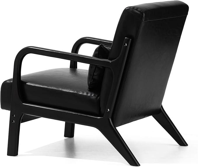 Glitzhome 2 Set Mid Century Black Accent Armchair, Single Reading Armchair PU Leather Lounge Chair with Walnut Ruberwood Frame