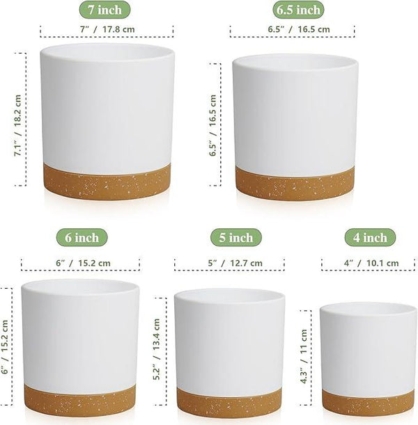 5 Pack Cylindrical Flower Pots with 7/6.5/6/5/4 inch, Modern Small Plastic Plant Pots with Drainage Holes & Saucers, Round Planter Pots for Outdoor, Indoor & Office Decor (White Brown)