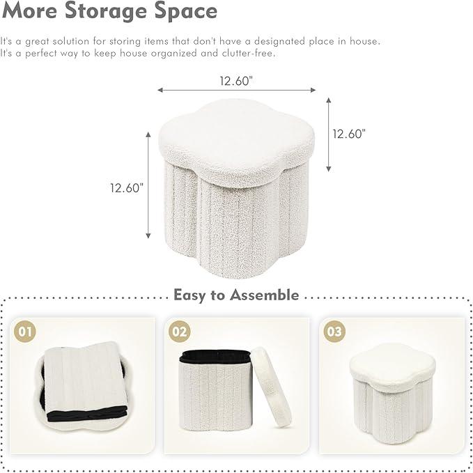 B FSOBEIIALEO Storage Ottoman Cube, Flowers Shaped Ottomans with Storage Foot Stool Footrest for Lving Room, Boucle Ottoman Seat for Dorm Room,Faux Teddy Fur, Cream White 12.6