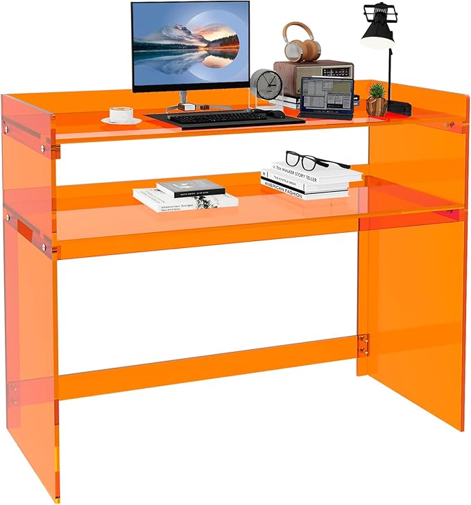 Acrylic Desk with Retaining Edge, Orange Acrylic Table, Console Table for Office, Study, Bedroom, Entrance Decor (17.7