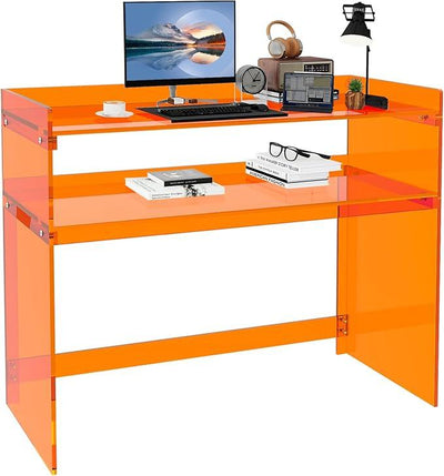 Acrylic Desk with Retaining Edge, Orange Acrylic Table, Console Table for Office, Study, Bedroom, Entrance Decor (17.7
