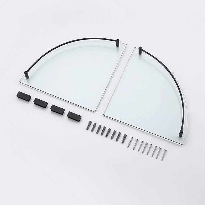 KES Bathroom Glass Corner Shelf Tempered Glass Shelf with Rail Wall Mount Corner Shelf SUS 304 Stainless Steel Matte Black 2 Pack, BGS2101A-BK-P2