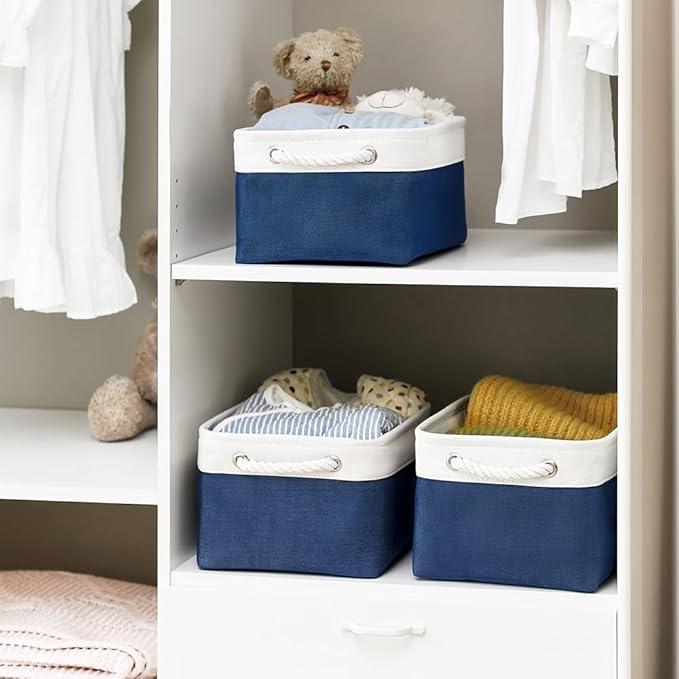 TheWarmHome Storage Bins for Shelves - 1 Pack 13.8x9.7x6.7 inch Collapsible Storage Basket for Organizing, Dog Toy Bin for Closet Organizer laundry Cloth Nursery (White & Jean Blue)