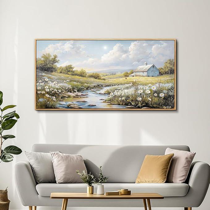 PHAOHUAXM Wood Framed Wall Art For Living Room Large Canvas Wall Decor For Bedroom Flower Watercolour Painting Office Decor Countryside Scenery Wall Picture Printing Artwork Home Decor 20x40 In