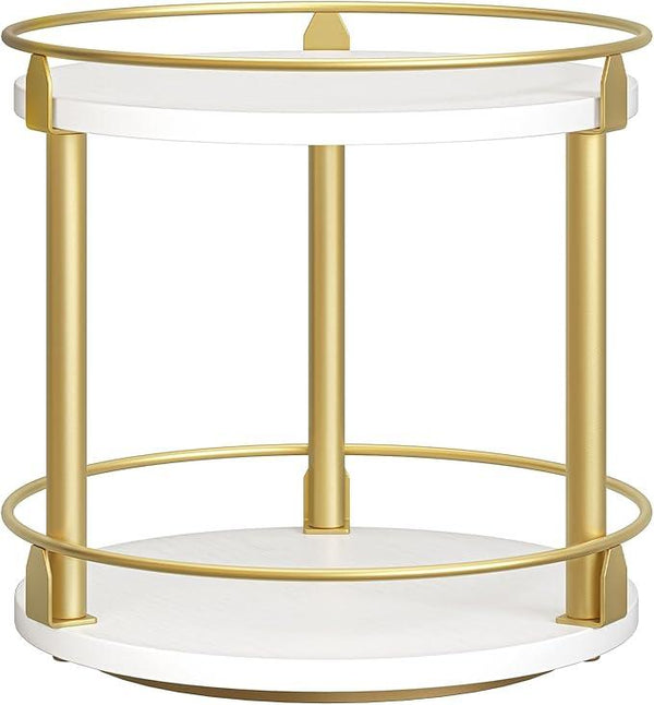 Lazy Susan Organizer, Rotating Spice Rack, 2 Tier Spice Turntable Organizer, Industrial Turntable Spice Holder, for Kitchen Countertop and Cabinet, Compact and Versatile, White and Gold SR22DW