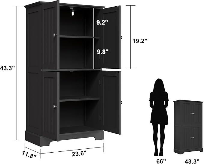 ChooChoo Bathroom Floor Cabinet, Modern Bathroom Storage Cabinet with 4 Doors and Adjustable Shelves, Freestanding Cupboard for Living Room, Black
