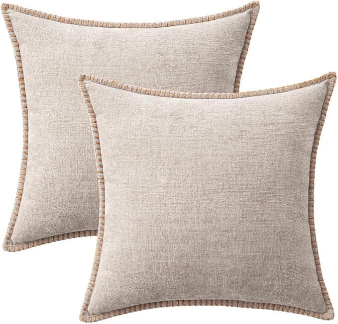 MIULEE Pack of 2 Couch Throw Pillow Covers 20x20 Inch Light Brown Farmhouse Decorative Pillow Covers with Stitched Edge Soft Chenille Solid Dyed Pillow Covers for Sofa Bed Living Room