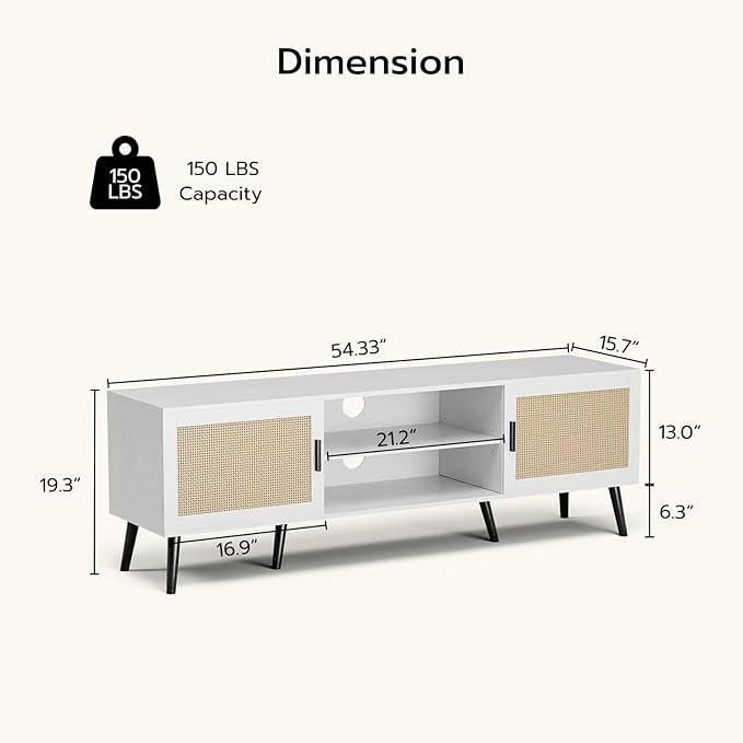 TV Stand for TVs up to 65'', Mid Century Modern Entertainment Center with Rattan Door, Shelves & 2 Cabinets, Boho Media TV Console for Living Room, Bedroom, White