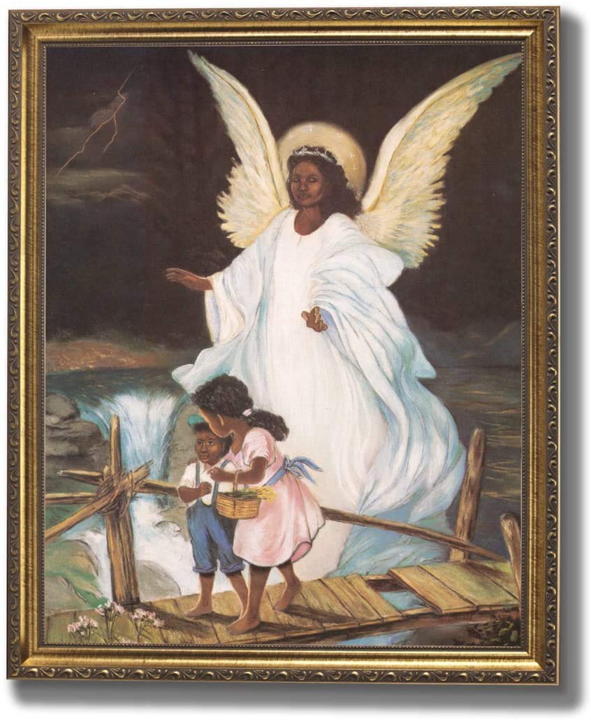 Guardian Angel Art Print - African American Black Angel With Children, Gold Frame 8x10
