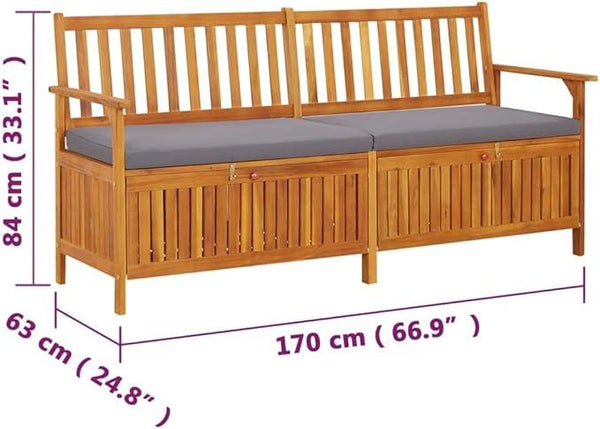 vidaXL Acacia Wood Outdoor Storage Bench Deck Box with Cushion - Solid Wood Patio Furniture, Brown/Dark Gray, 66.9