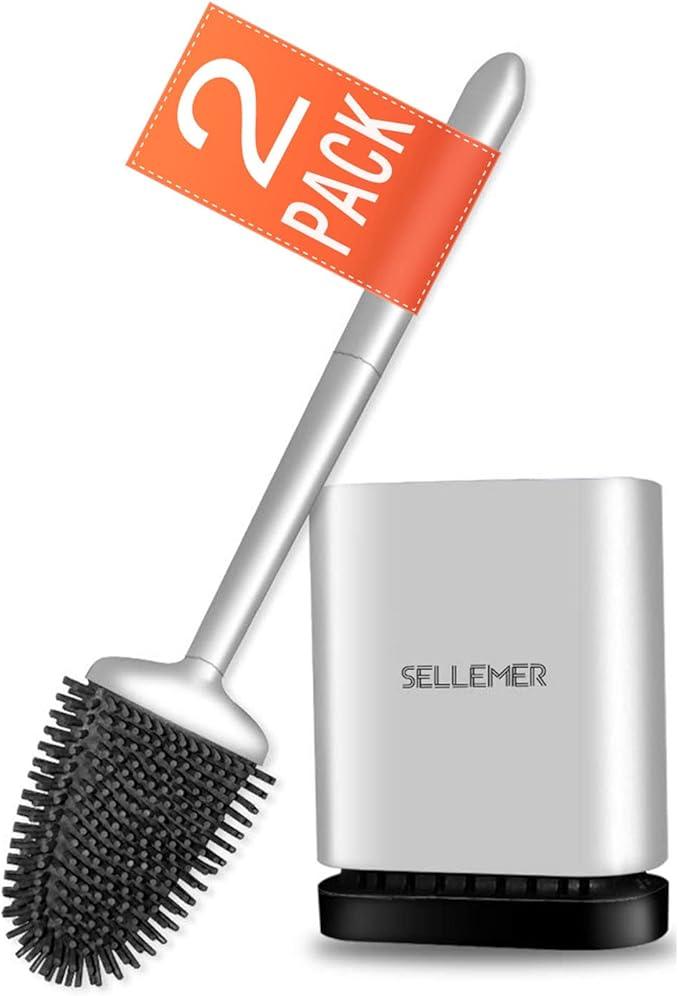 Sellemer Toilet Brush and Holder Set for Bathroom, Flexible Toilet Bowl Brush Head with Silicone Bristles, Compact Size for Storage and Organization, Ventilation Slots Base (2 Pack, Silver)