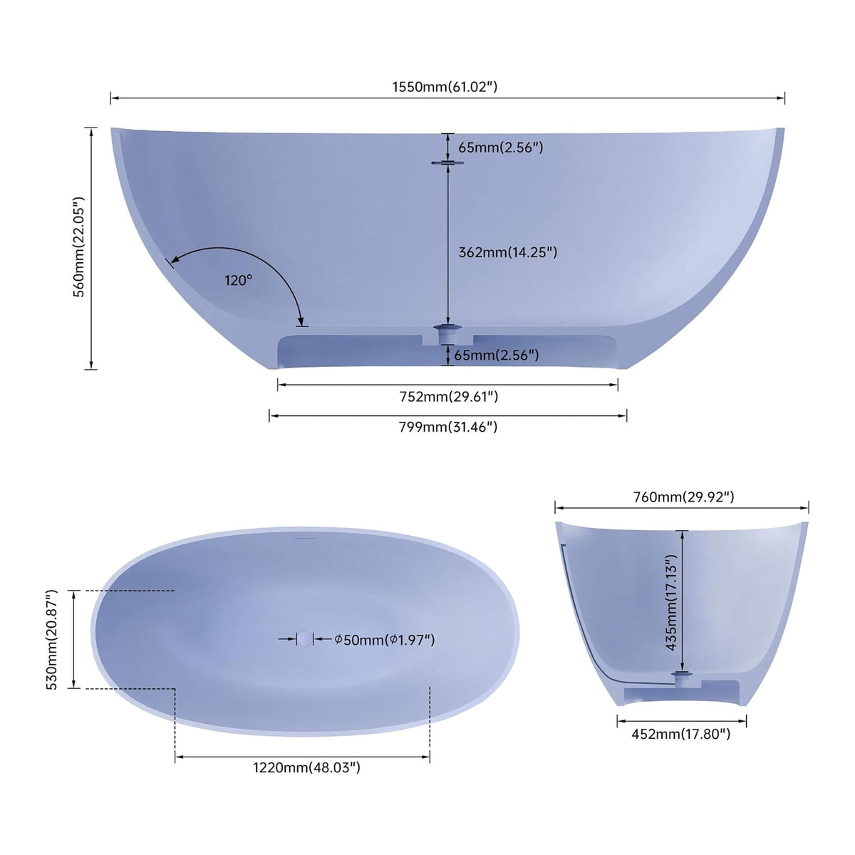 [61X29.5-Inch] Freestanding Modern Oval Stone Resin Soaking Tub With Overflow Drain (SAK40125)