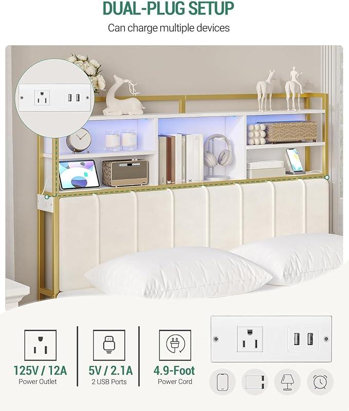 Headboard with 3-Tier Storage Shelves, Velvet Upholstered Head Board with 2 Outlets, USB Ports & LED Light, Soft Backrest for Queen Size Bed, White and Gold BH15203AV1