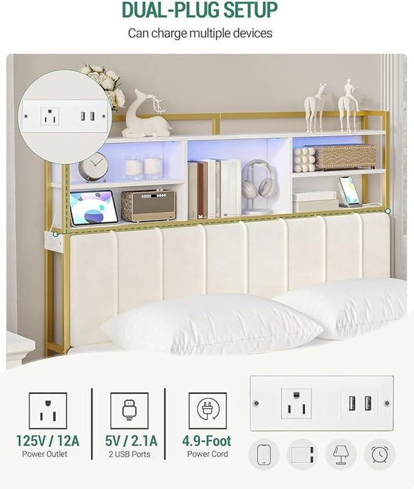 Headboard with 3-Tier Storage Shelves, Velvet Upholstered Head Board with 2 Outlets, USB Ports & LED Light, Soft Backrest for Queen Size Bed, White and Gold BH15203AV1