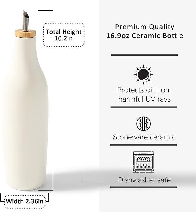 HOMCDALY Ceramic Olive Oil Dispenser for Kitchen, Stoneware 16oz Oil and Vinegar Bottles Dispenser, Kitchen Dispenser Bottle for EVOO Vinegar Syrups, Modern Farmhouse Design(W)