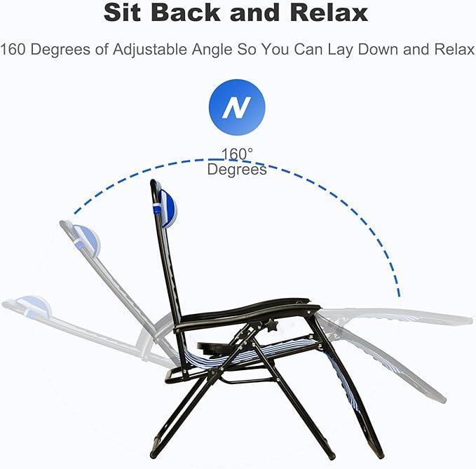 Nazhura Set of 2 Relaxing Recliners Patio Chairs Adjustable Steel Mesh Zero Gravity Lounge Chair Beach Chairs with Pillow and Cup Holder (Navy Blue Stripe)
